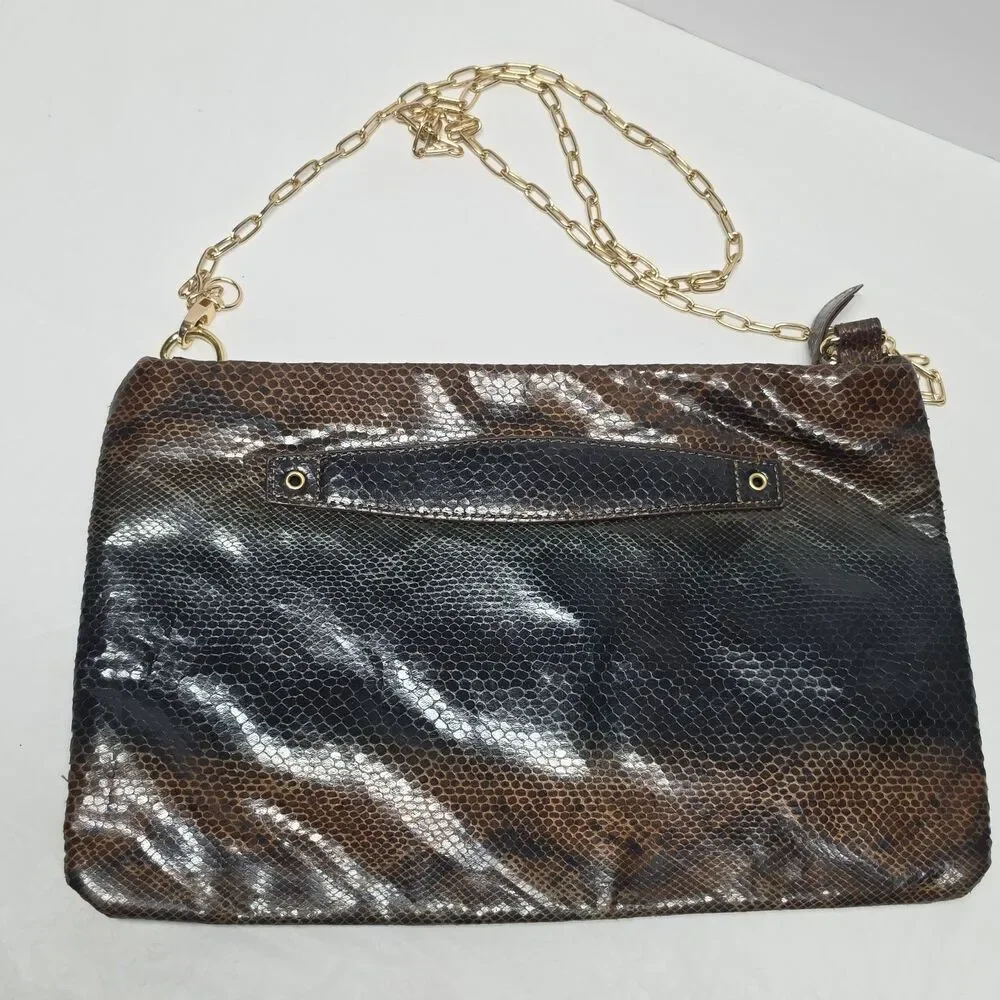 LOGO by Lori Goldstein Brown Snakeskin Print Gold Eyelets Clutch Bag Style 80s